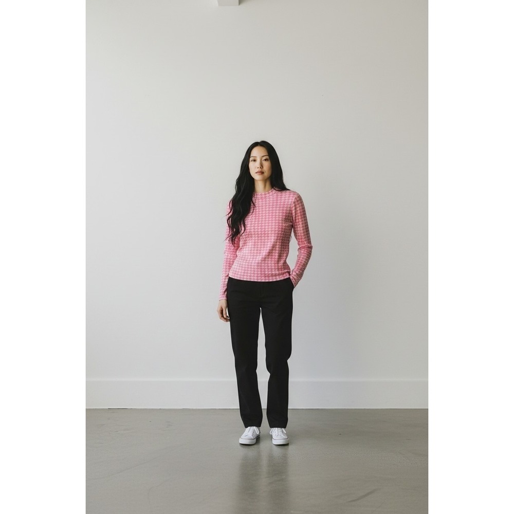 Balenciaga Womens Pink Houndstooth Stretch Long Sleeve Jersey Top Size Small